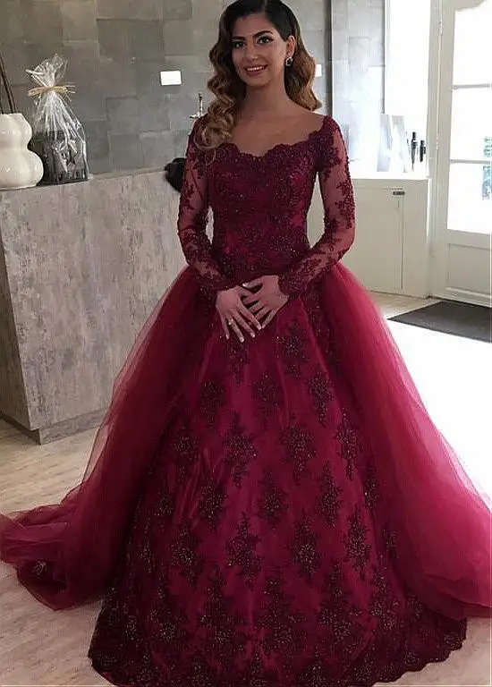 Burgundy Vestido De Noiva Muslim Wedding Dresses Ball Gown Long