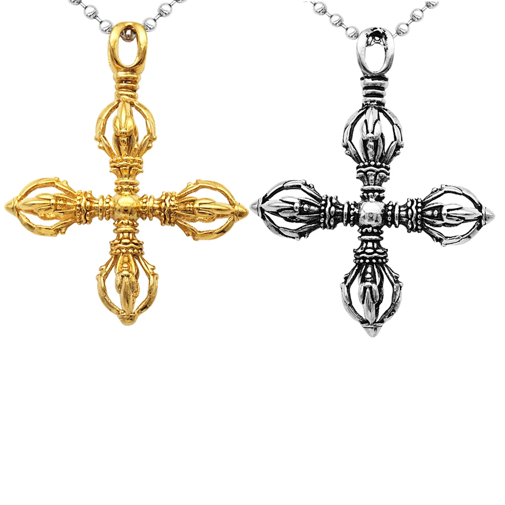 

Phenovo Charm Stainless Steel Hollow Cross Vajra Pestle Pendant Talisman Necklace Prayer Amulet Pendant Necklace Fashion Jewelry