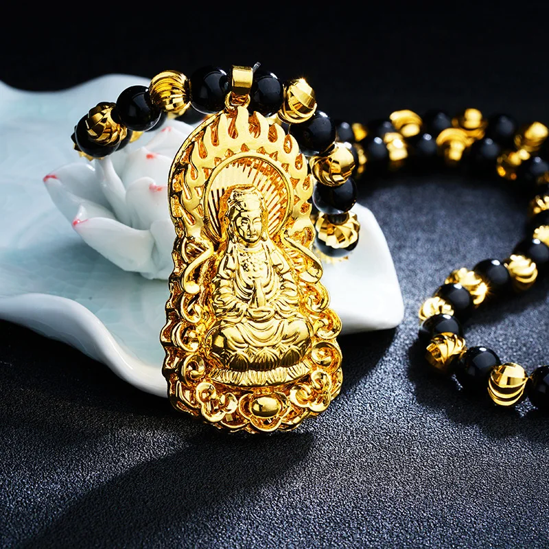 Высокое качество из натурального черного камня+ 24 K цепочка с золотыми бусинами с Буддой кулон с драконом ожерелья для мужчин Роскошные Длинные/чокер ювелирные изделия