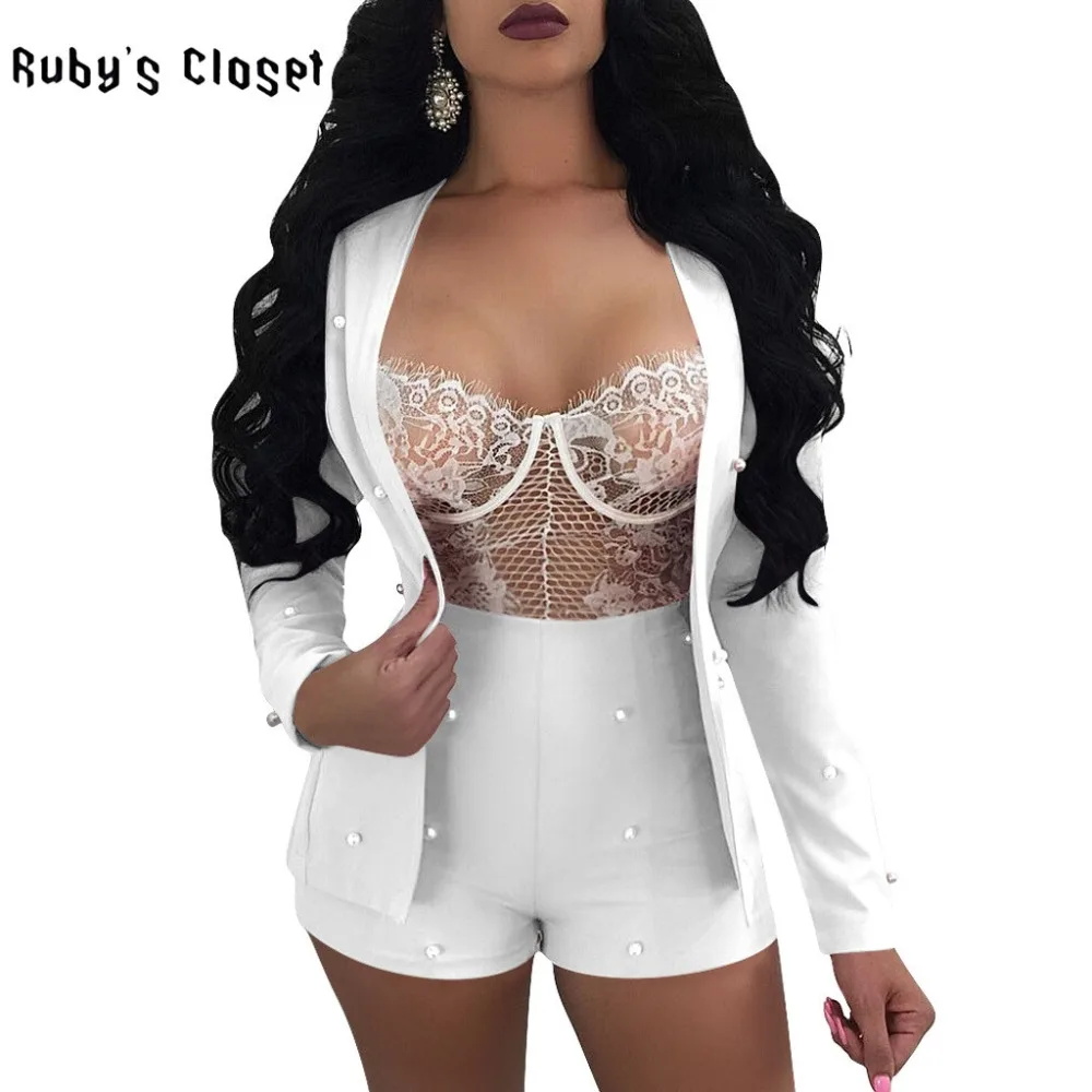 

Ruby's Closet women Autumn embroidery beading two piece suit set long sleeve V neck hidden breasted ladies party suits QM3358