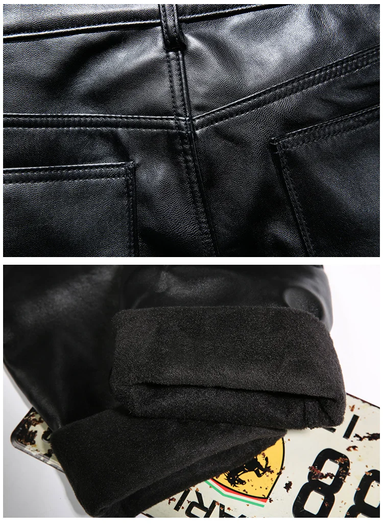 Мужские кожаные брюки с принтом, Зимние флисовые Теплые повседневные брюки из искусственной кожи, высококачественные длинные утолщенные эластичные узкие брюки-карандаш