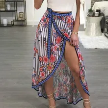 Boho Сплит цветочный принт женские сексуальные пляжные Асимметричные Длинные Летние Стильные женские полосатые вечерние Клубные юбки