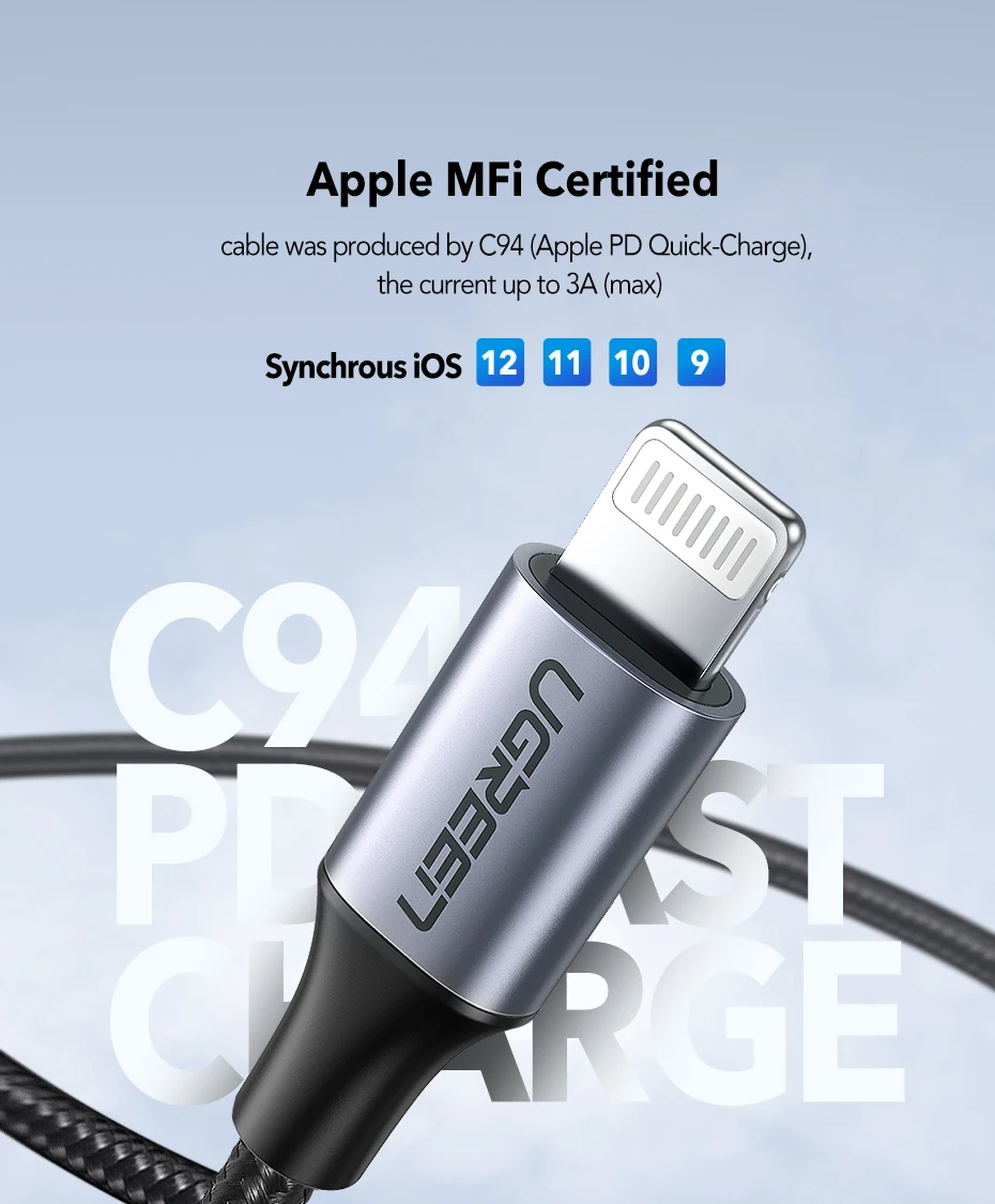 Ugreen MFI certified usb c to lightning charging cable for iPhone xs max xr x 8 7 6s plus 5 ipad pro PD cable fast charger short