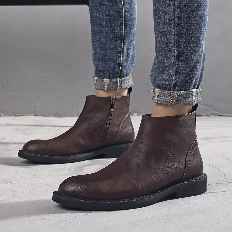 

Round Toe Spring Autumn Low Men Chelsea Boots Sewing Solid Retro Vintage Motorcycle Boots Ankle Zip Casual British Style Shoes