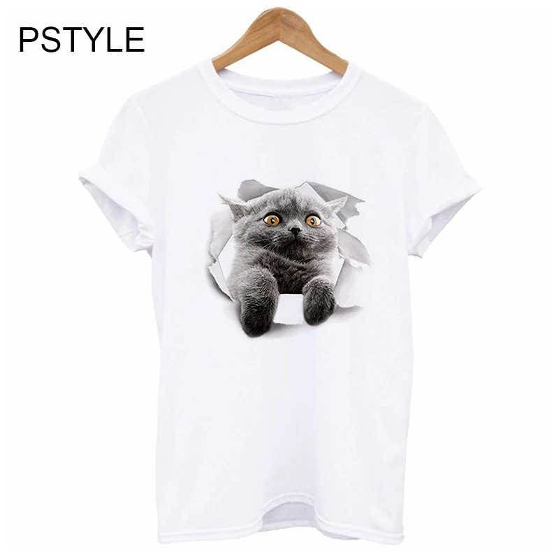 

Pstyle 2019 Women Short Summer T Shirt Funny t shirts Cute 3D cat Print T-shirt femme girls tee tops dropshipping brand shirts
