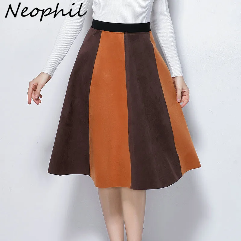 

Neophil 2023 Winter Women Suede Midi Skirts High Waist Elastic Vintage Fashion Patchwork Ladies A-Line Flare Skirt Saia S211001