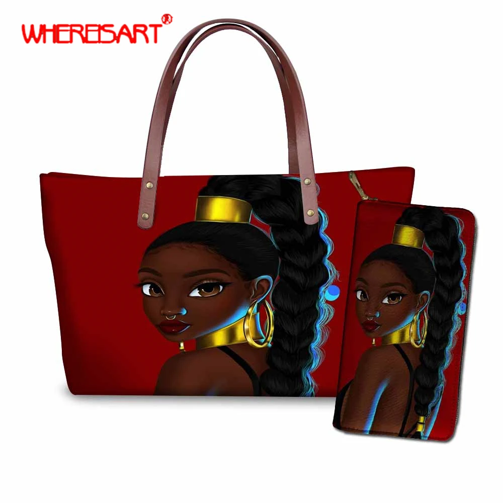 

WHEREISART Women Bag 2019 Cute Cartoon African Girls Tote, Top-Handle Women Messenger Bags Shoulder Student Handbag Purse Wallet