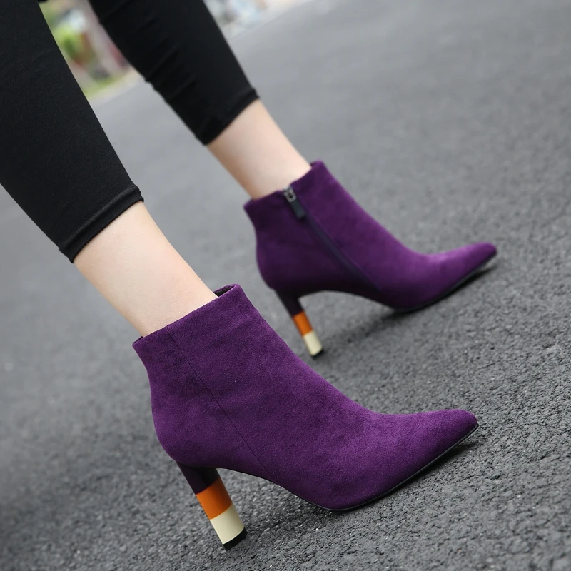 

MoBeiNi Fashion purple autumn and winter new simple thick with short Martin boots pointed suede high heel women's boots riding