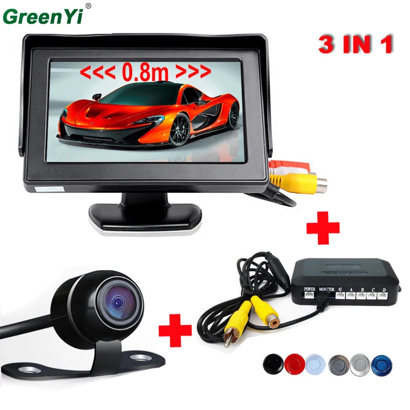 

12V 4 Parking Sensors Back up Parking Assistance 4.3" TFT LCD Display Camera Car Rearview Mirror Reverse Radar System