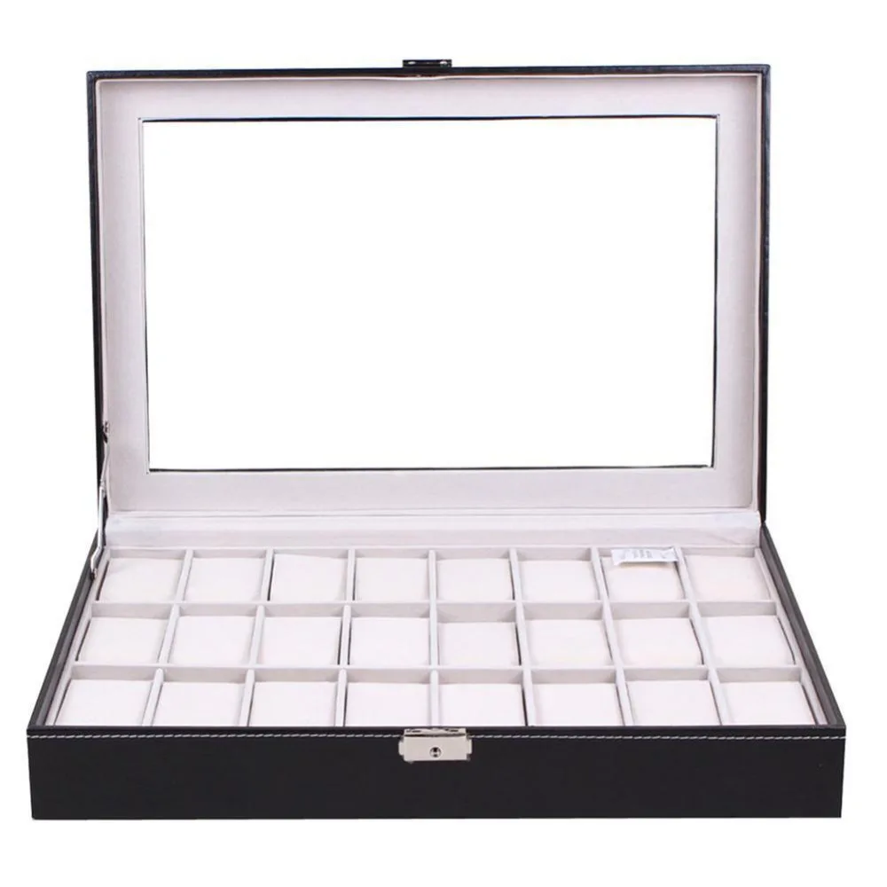 

2018 PU Leather Watch Display Box 24 Grid Watch Case Jewelry Storage Organizer