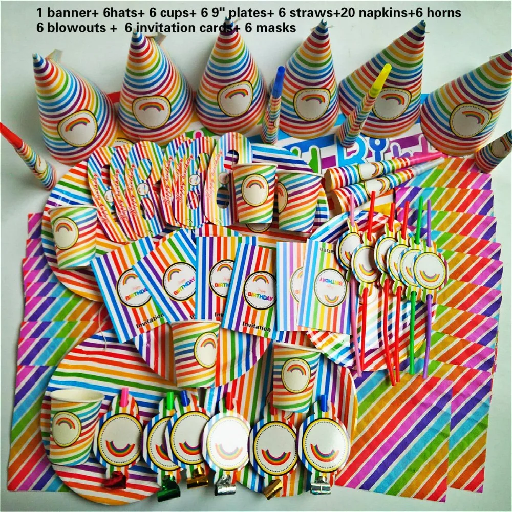 

69pcs romantic colorful rainbow disposable tableware wedding baby shower happy Birthday kids Party pack decoration suppliers