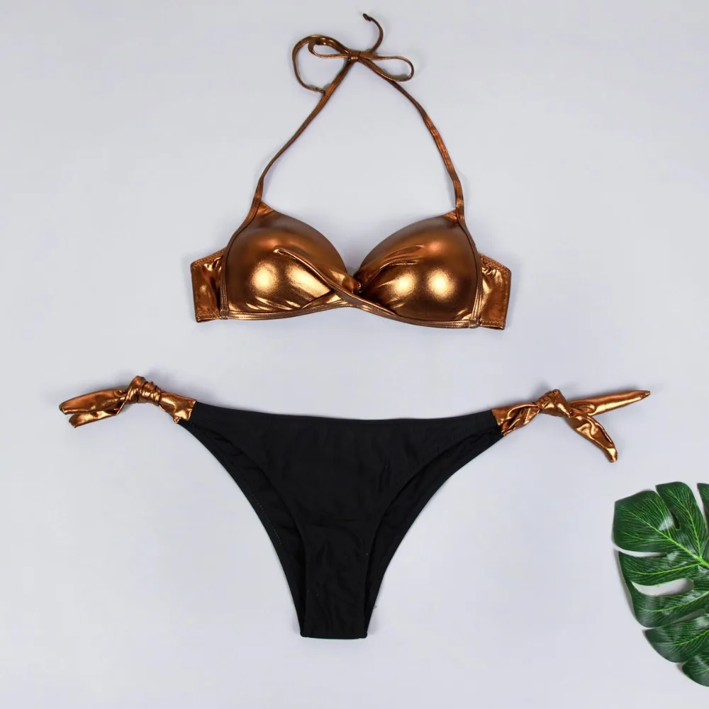 Sexy 2019 Tankini Crystal Rhinestones Glitter Tie Triangle Halter Criss Cross Front Top With Selt Tie Side Low Waist Bikini Set 8