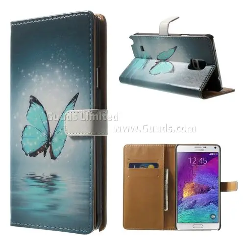 Blue Butterfly Leather Flip Cover for Samsung Galaxy Note 4 N910