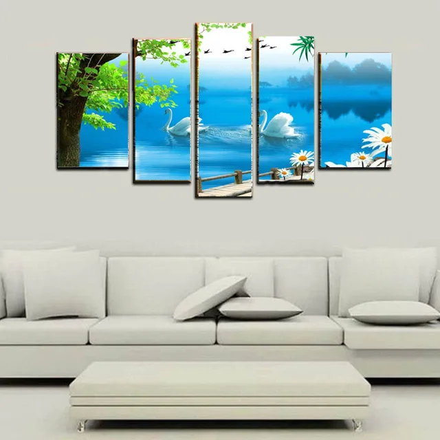 ween 5 panel modern wall painting swan lake landscape canvas art