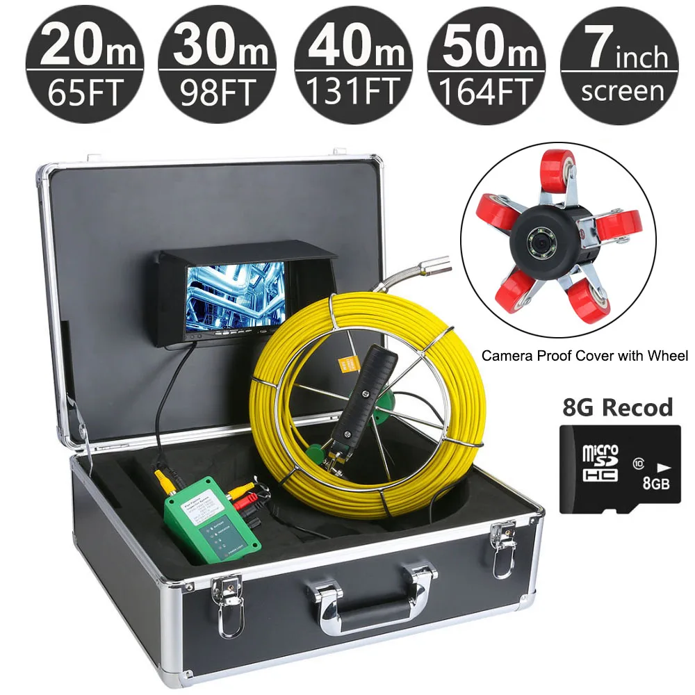 

20 - 50M Sewer Pipe Inspection Camera Drain sewer Industrial Video System DVR Function with 8GB Card 7" Monitor 1000TVL