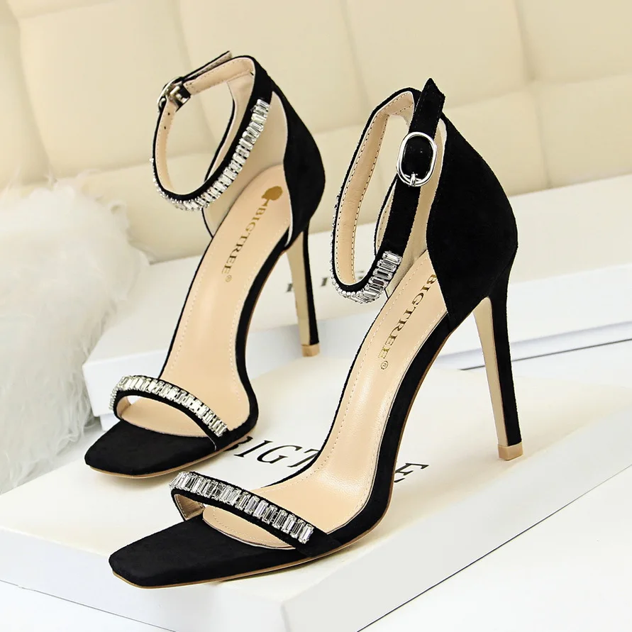 

BIGTREE European Sexy Banquet Summer Thin High Heels Sandal Elegant Heeled Pumps Suede Rhinestone Sandals Women's Shoes G217-7