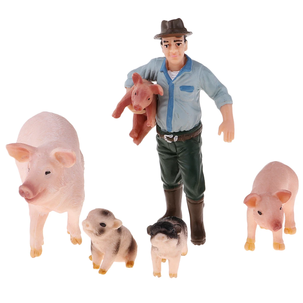 Plastic Farm Animals Toy Realistic Farm Animal Model Action Figure Collectible - Farmer & 4 Pigs