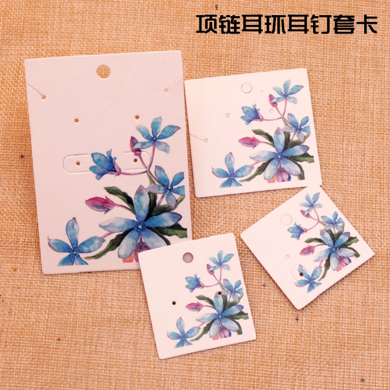 

200pcs Blue Flower Printed Handmade Tag Necklace&Earring display card For Jewelry Packaging Vintage Accessory Rectangle Label