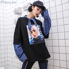 ENbeautter/Новые весенние женские топы, джинсы, Лоскутная свободная футболка с принтом, тренд с длинными рукавами, женская футболка, новинка