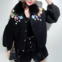 Jumper Limited Poncho Womens Sweaters 2018 Winter Fox Collar Flower Decoration Lantern Sleeve Bat Section Mink Sweater Women 