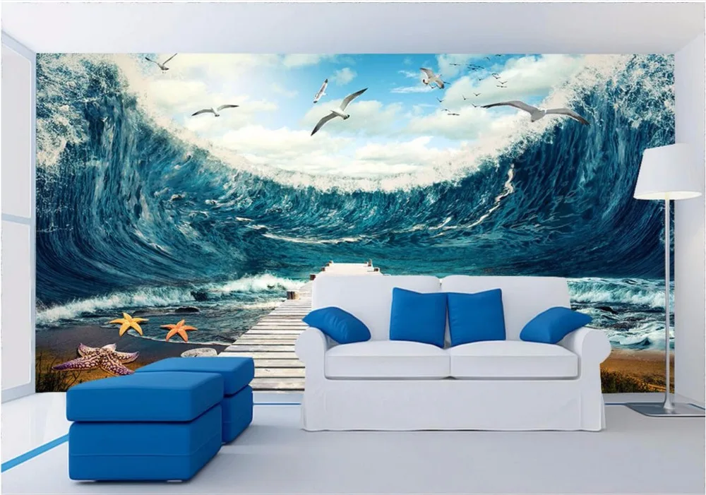 Goedkoop 3d kamer behang custom mural zee golven de meeuw decoratie schilderij home improvement 3d muurschilderingen behang voor muren 3 d