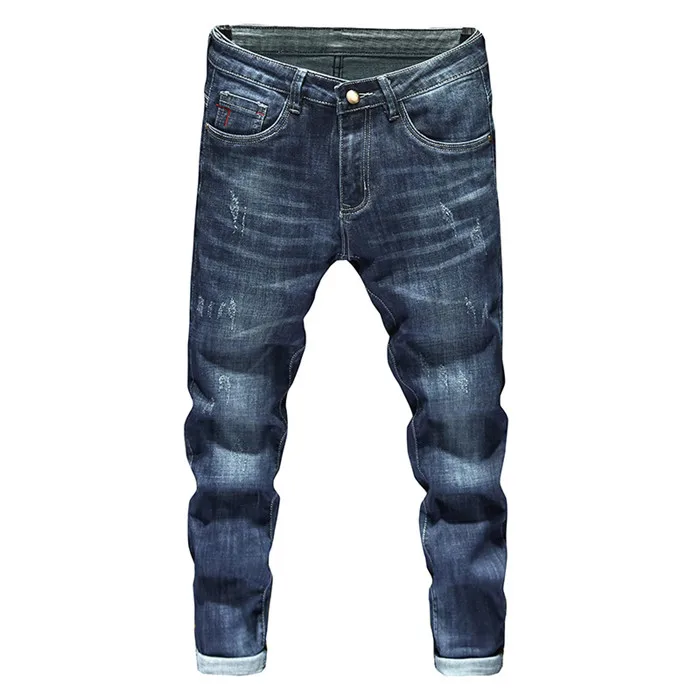 

Fashion Mens Jeans 2019 Korean Style Hip Hop Spring Autumn Ripped for Men Solid Cotton Full Length Mid Blue Color Sale,X3160