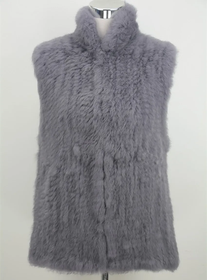 60 Dark Grey Short Knitted rabbit fur Stand up Collar vest crochet fur