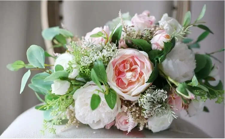 JaneVini свежий розовый белый роза букет невесты Зеленый Лист Свадебный букет цветов Свадебные цветы искусственная брошь Evlilik Mariage
