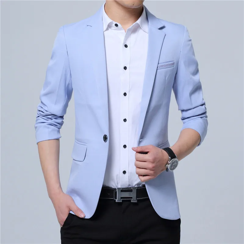 Осенняя новинка Мужское модные приталенный повседневный блейзер Модные дизайнерский пиджак для мужчин 3 цвета M~XXXXXL - Цвет: light blue