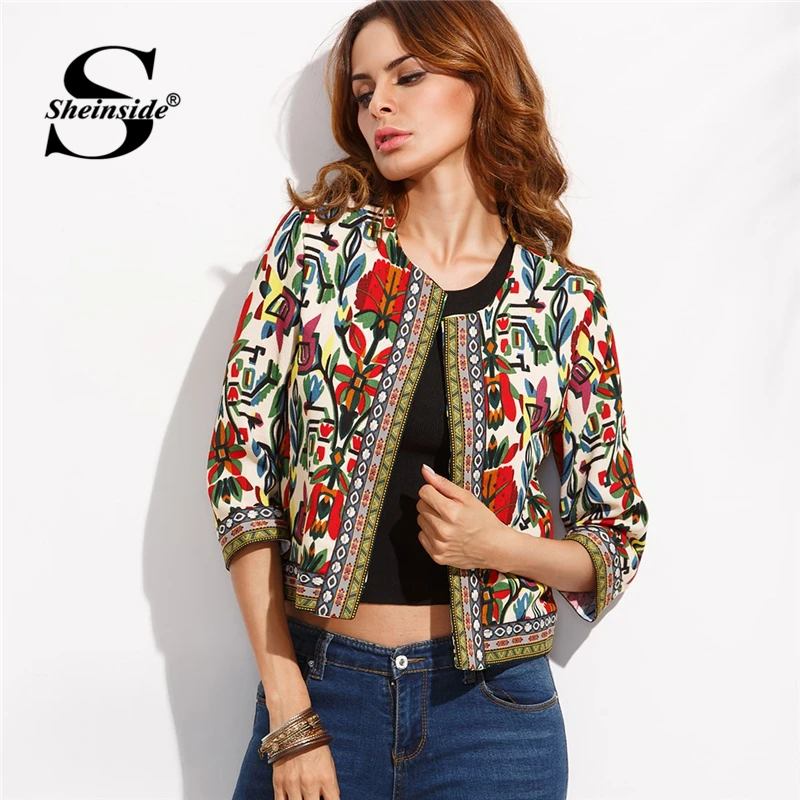 Prix Sheinside broderie vêtements d extérieur hiver Tribal impression bureau dames femmes manteaux et vestes Vintage automne à manches longues manteau