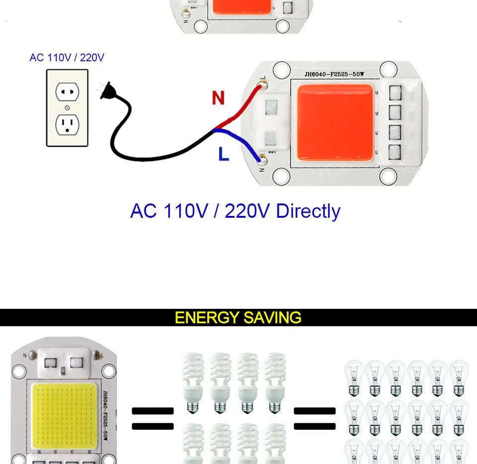 20 Вт, 30 Вт, 50 Вт, 100 Вт, 150 Вт, светодиодный чип COB, лампа переменного тока, 110 В, 220 В, умный IC, без водителя, полный спектр, светодиодный светильник для прожектора, растительный свет