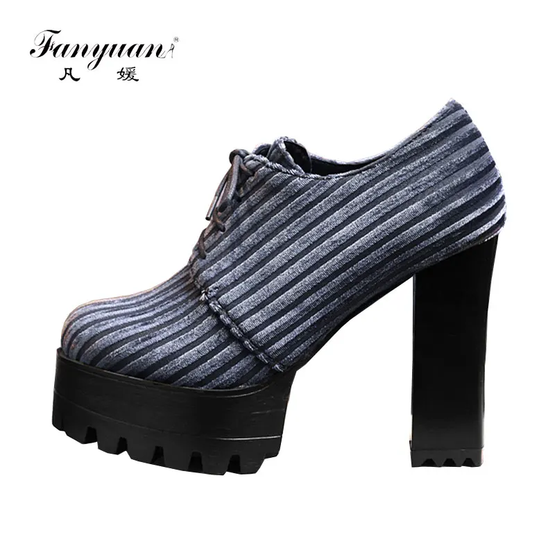 

fanyuan 2019 New Fretwork Flock Spring Women Pumps High Heels Large Size 32-42 Ladies lace-up Party Platform Shoes Woman