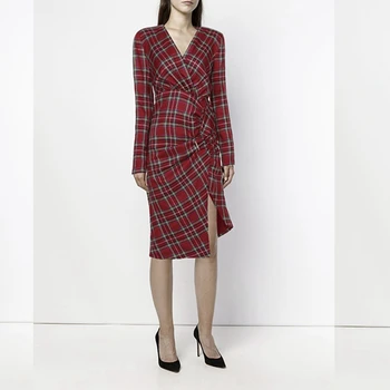 

New Arrival Long Sleeve Sutumn Women V Neck 2019 Fashion Mid-Calf Plaid Multicolor Vestidos Celebrity Party Clubwear Hot Sale