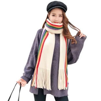 

Colorful Stripes Scarf Autumn Winter Imitation Cashmere Shawl Wrap Thick Scarves For Women Long Tassel Female Pashmina Stole