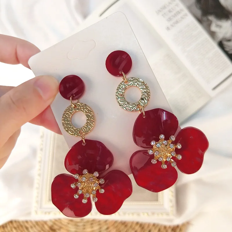 Vintage New Fashion Flower Resin Long Big Drop Earrings for Women Metal Dangling Crystal Acrylic Earrings Girls Jewelry Brincos (1)