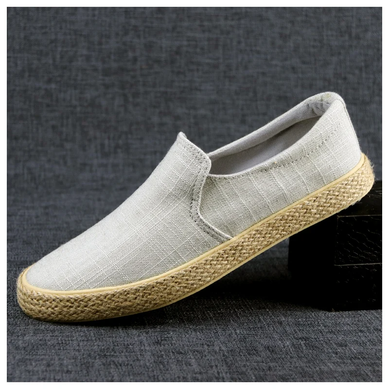 Модная мужская Вулканизированная обувь летние парусиновые Дизайнерские кроссовки дышащая мужская соломенная льняная повседневная обувь однотонная ткань мужские лоферы - Цвет: gray