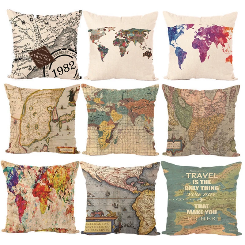 cheap Vintage World Map Series Pillow Case Cotton Linen Cushion Cover Sofa Chair Bedroom Decorative Square Throw Pillowcase Home Decor