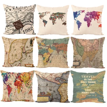 

Vintage World Map Series Pillow Case Cotton Linen Cushion Cover Sofa Chair Bedroom Decorative Square Throw Pillowcase Home Decor