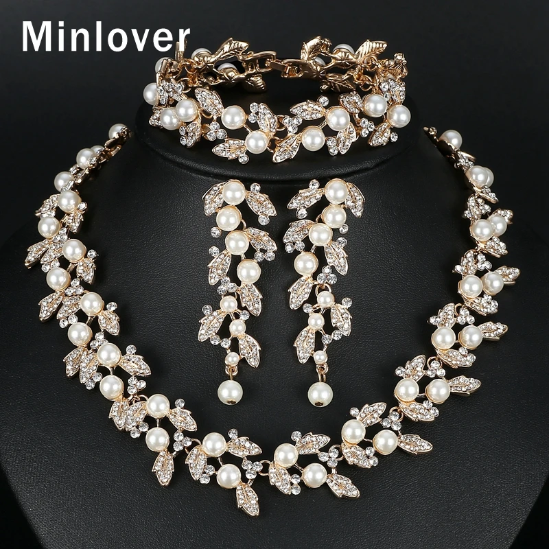 

Minlover Simulated Pearl Jewelry Sets Crystal Necklace Earring Bracelet Set for Women Bride Wedding Jewelry Set TL283+SL089