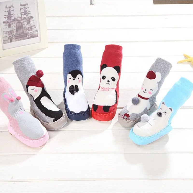 Толстые махровые домашние носки-тапочки для малышей зимние короткие носки для малышей нескользящие носки с резиновой подошвой для новорожденных девочек забавные носки с героями мультфильмов