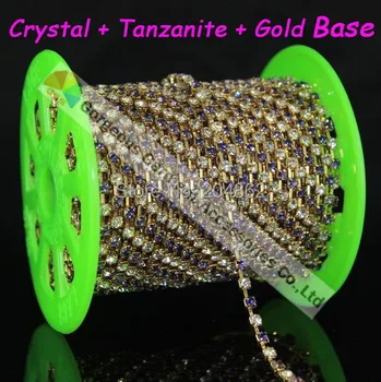 

5 meters/lot SS16 4mm czech clear Crystal Tanzanite Alternate rhinestone cup chain with Gold base For DIY browbands accessories