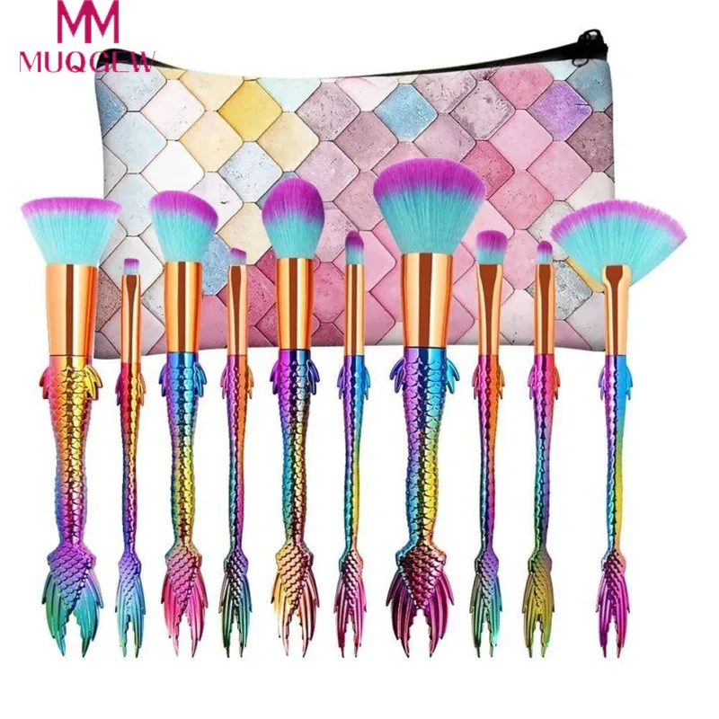 

New Arrival 4/5/10Pc Fish Tail Makeup Brush Foundation Eyeshadow Contour Eye Lip Makeup Brushes Set pincel sereia Cosmetic Bag