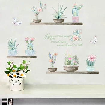 

Garden Potted Plant Cactus Aloe Wall Stickers Home Decor Living Room Flower Butterfly Bonsai Wall Decal DIY PVC Mural Art Poster