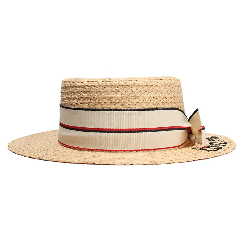 Летние соломенные шляпы для женщин с буквенной вышивкой плоские женские шляпы от солнца Raffia бантик пляжные кепки Chapeau Femme - Цвет: Белый