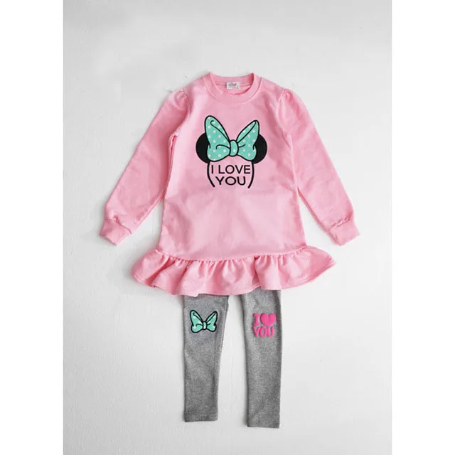 Комплекты одежды для девочек, весенне-осенний костюм, комплект одежды для детей, комплект из двух предметов, одежда с длинными рукавами и изображением Минни для малышей - Цвет: Розовый
