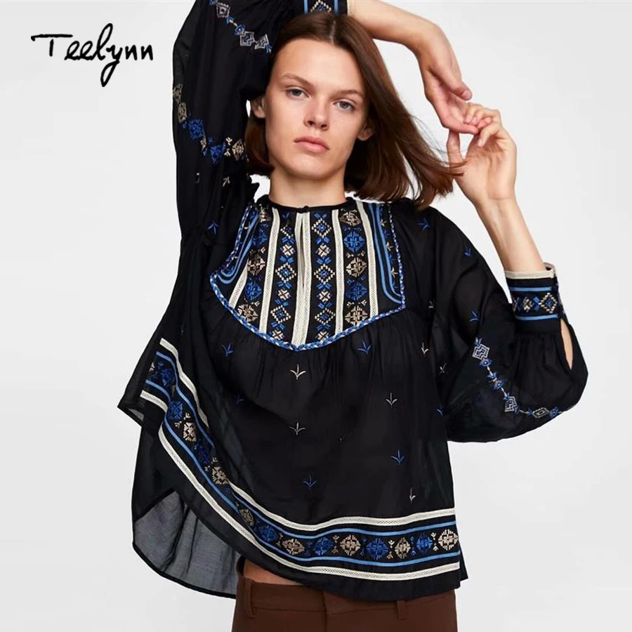 

TEELYNN black Boho blouse 2018 autumn floral embroidery long sleeve Blouses Shirt Casual cotton blouse Hippie Women top blusas