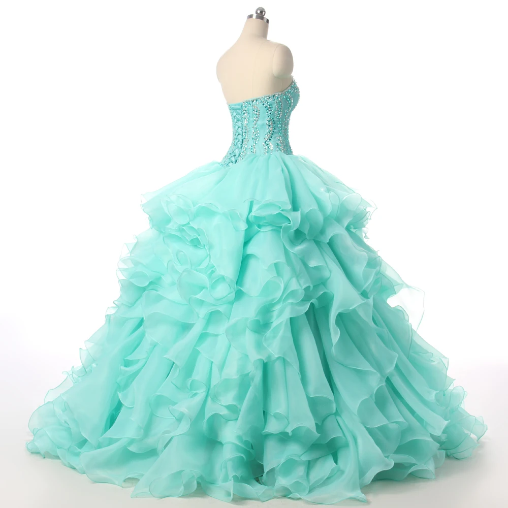 Wowbridal Роскошный Зеленая мята Quinceanera Платье Стеклянные Кристаллы Бальное платье Из Органзы Слои Сладкий 16 Платье Vestido Де 15