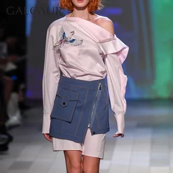 

GALCAUR Fashion Two Piece Set For Women Off Shoulder Long Sleeve Embroidery Ruffles Dress With High Waist Irregular Skirts