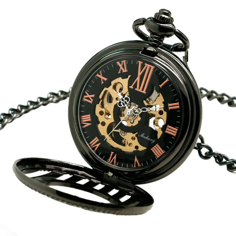 SHUHANG черная полоса римские цифры Механические карманные часы стимпанк резьба Fob часы для мужчин женщин подарок с цепочкой