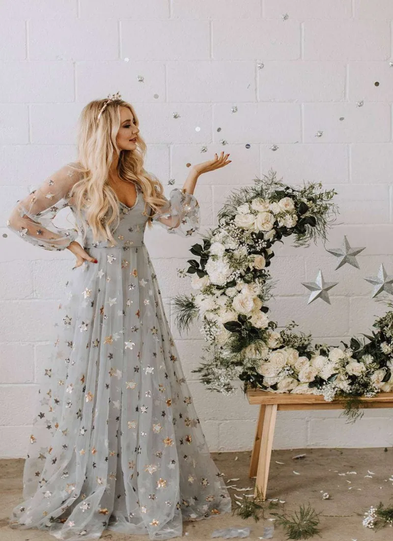 

2019 Star Sequined A Line Evening Dress Sexy Backless V Neck Long Sleeve Vestido De Festa Muslim Formal Women Evening Gowns
